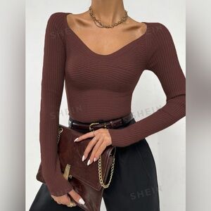 Women’s Ribbed Knit Fitted Brown Long Sleeve Shirt